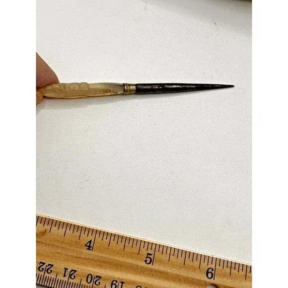 Antique Old 1800s Carved MOP Handled Vanity Tool Piece Hat Pin Stiletto